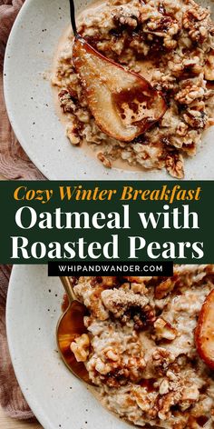 oatmeal with roasted pears in a white bowl on a wooden table