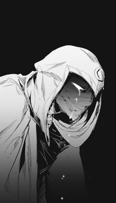 a black and white drawing of a person with a hood on