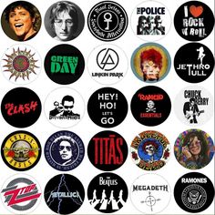 many different buttons with the names of famous rock bands and their respective logos on them