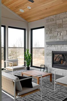 a living room filled with furniture and a fire place in the middle of a room