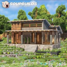 an image of a small house in the middle of some flowers and trees with text that reads soupbulds minecraft builder