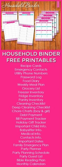 the printable house binder is shown with pink and white papers on it, along with