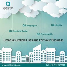 the business card for creative graphics designs is designed to look like cityscapes and clouds