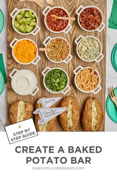 a wooden cutting board topped with lots of different types of baked potatoes and dips