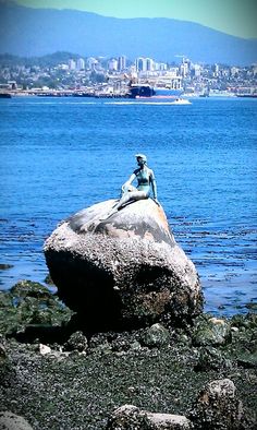 a statue sitting on top of a rock next to the ocean with a city in the background