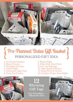 two baskets filled with personalized gifts and the words pre - planned date gift basket