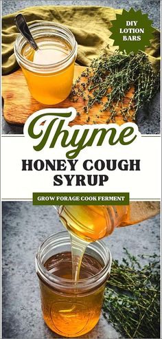 honey cough syrup is being poured into a jar with herbs on the side and an image of