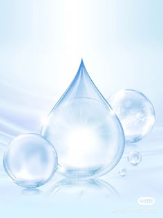 three clear water drops are shown in front of a light blue background with white bubbles