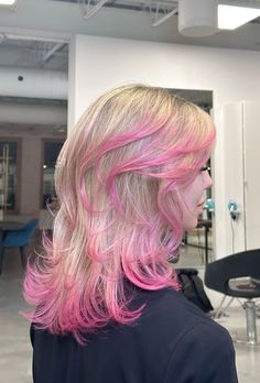 Blonde Hair With Dyed Ends, Coloured Hair Highlights, Hair Colors Bright, Blonde With Pink Balayage, Pink Hair With Layers, Colorful Highlights In Blonde Hair, Honey Blonde Hair With Pink Highlights, Color Highlights In Blonde Hair, Hair Pink Streaks