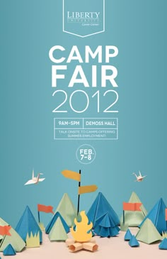 an advertisement for the liberty camp fair 2012, with paper airplanes flying over tents and trees