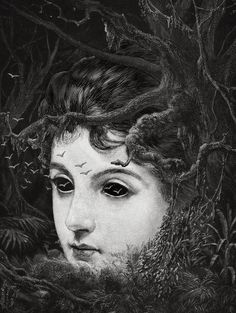 a black and white drawing of a woman's face in the woods with her eyes closed