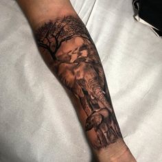 an elephant and tree tattoo on the arm