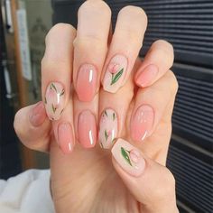 Green Pink Nail Art, Tulip Nails, Pink Nail Art, Floral Nail Art, Spring Nail Art, Flower Nail Art