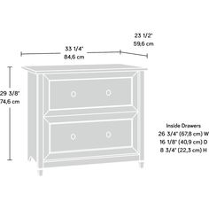 an image of a dresser with measurements for the drawer and top drawers in white color