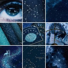 collage of stars and zodiac signs in the night sky with blue eyeshades