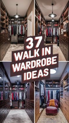 a walk in wardrobe with lots of closet space and clothes hanging on the walls, along with