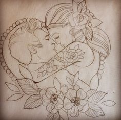 a drawing of two people kissing each other with flowers in the foreground and behind them