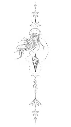 a drawing of a jellyfish hanging from the ceiling with an arrow in it's mouth