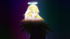 a blonde haired woman with an angel halo above her head