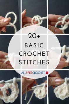 the instructions to crochet are shown in four different pictures, with text overlay reading'20 basic crochet stitches '