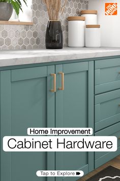 an image of a kitchen with blue cabinets and white counter tops that says, home improvement cabinet hardware tap to explore