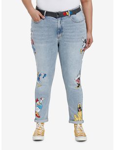 Disney Mickey Mouse And Friends Mom Jeans With Belt Plus Size Light Wash Mom Jeans, Jeans With Belt, Magical Light, Disney Valentines, Mickey Mouse Head, Mickey Mouse Minnie Mouse, Tall Hoodies, Plus Size Fits, Mickey Mouse And Friends