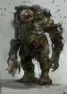 an image of a giant creature with many things in its mouth and hands, standing on the ground