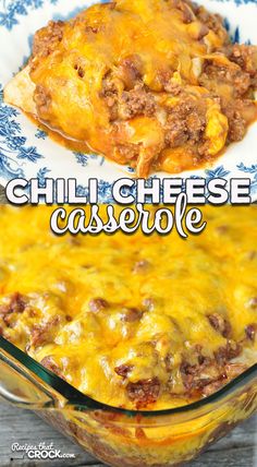 a casserole dish with cheese and ground beef in it on a blue and white plate