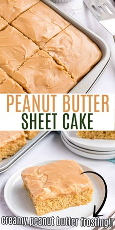 peanut butter sheet cake on a plate with the rest of the cake in the background