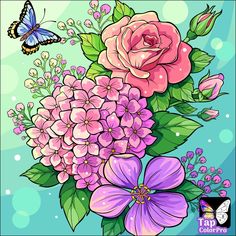 a bouquet of flowers and a butterfly on a blue background