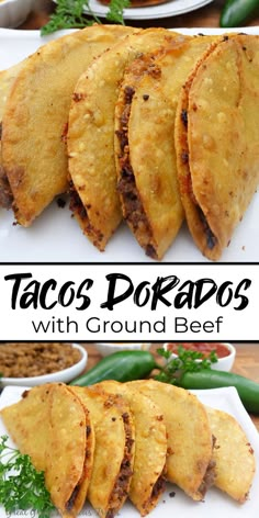 A double photo collage of tacos lined up on a white plate with sprigs of parsley on the plate. Taco Recipes Ground Beef, Beef Tacos Recipes, Tacos Dorados, Hispanic Food, Ground Beef Recipes For Dinner, Mexican Food Recipes Easy, Recipes For Dinner, Tacos Beef, Beef Recipes Easy