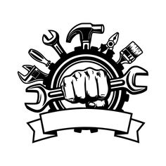 a black and white drawing of a fist with wrenches, hammers and other tools