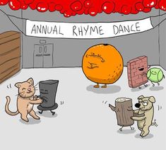 an orange and two dogs are dancing in front of a sign that says annual rhyme dance