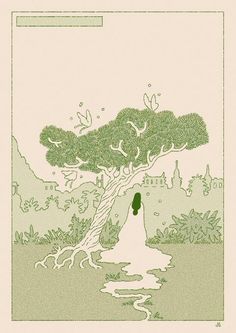 a drawing of a person standing in front of a tree with water flowing from it