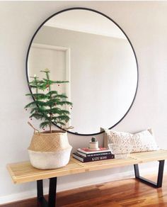 a wooden bench with a plant on it in front of a mirror