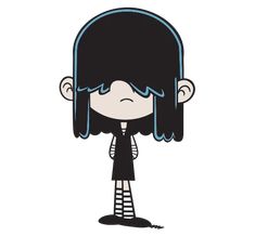 a cartoon girl with black hair standing in front of a white background and text that reads,