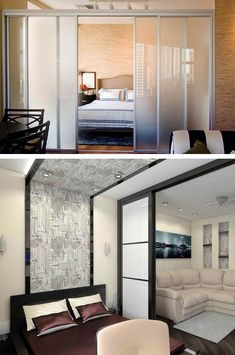 there are two pictures of a bedroom with sliding glass doors on the wall and in the bed room