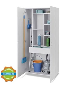 a white storage cabinet with cleaning supplies in it