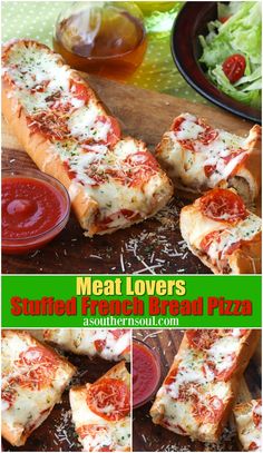 meat lovers stuffed french bread pizza with tomato sauce