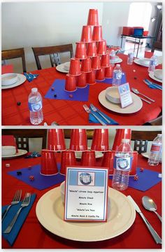 there are many red cups on the table