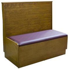 a wooden bed frame with purple leather seat