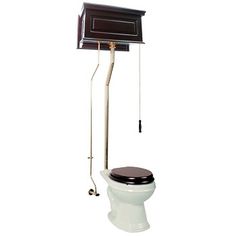 a white toilet sitting next to a wooden pole with a black seat and cover on it