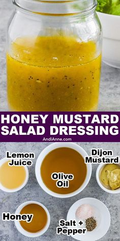 honey mustard salad dressing recipe in a mason jar with ingredients to make it on the side