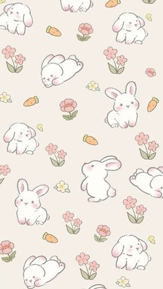 an image of rabbits and carrots on a light pink background with flowers in the foreground