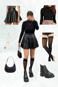 Looking for an edgy yet elegant all-black outfit? This look is your go-to! Featuring a stylish pleated faux leather skirt paired with a sleek black turtleneck, this ensemble is perfect for a bold fall statement. Complete the look with black chunky boots, knee-high stockings, and minimalist accessories. Add the final touch with a chic black shoulder bag and layered gold necklaces for a subtle glam vibe! ✨ Shop each item from Amazon below with my affiliate links. Shop the Look: Pleated Faux Leather Skirt: https://amzn.to/48iL7AL Black Turtleneck: https://amzn.to/4eRIhFc Knee-High Stockings: https://amzn.to/3YkKTVd Chunky Black Boots: https://amzn.to/40BJn3R Black Shoulder Bag: https://amzn.to/3BSJUnq Gold Layered Necklace: https://amzn.to/4fhTa2P Miniskirt Outfits Winter, Pleated Skirt And Boots, Pleated Leather Skirt Outfit, Faux Leather Skirt Outfit, Black Chunky Boots, Subtle Glam, Layered Gold Necklaces, Chunky Black Boots, Pleaded Skirt