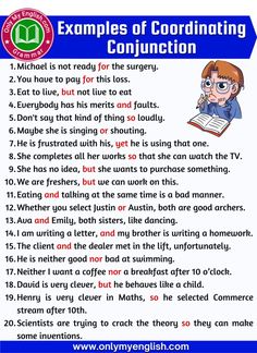 an english worksheet with the words examples of coordinating conjunctions in front of it