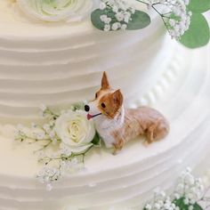 a dog figurine sitting on top of a white cake