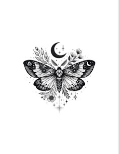 a black and white drawing of a butterfly with leaves on it's wings, the moon