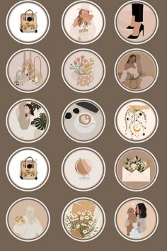 a set of nine plates with different types of wedding decorations on them, all decorated in white and beige