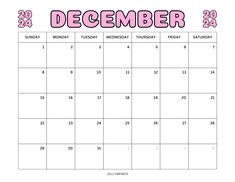 a december calendar with the holidays written in pink and black on it, as well as numbers